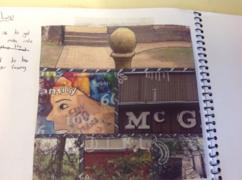 First step is to make a collage and place pelican paper facing the back of the collage, outline the main lines with a ball point pen.