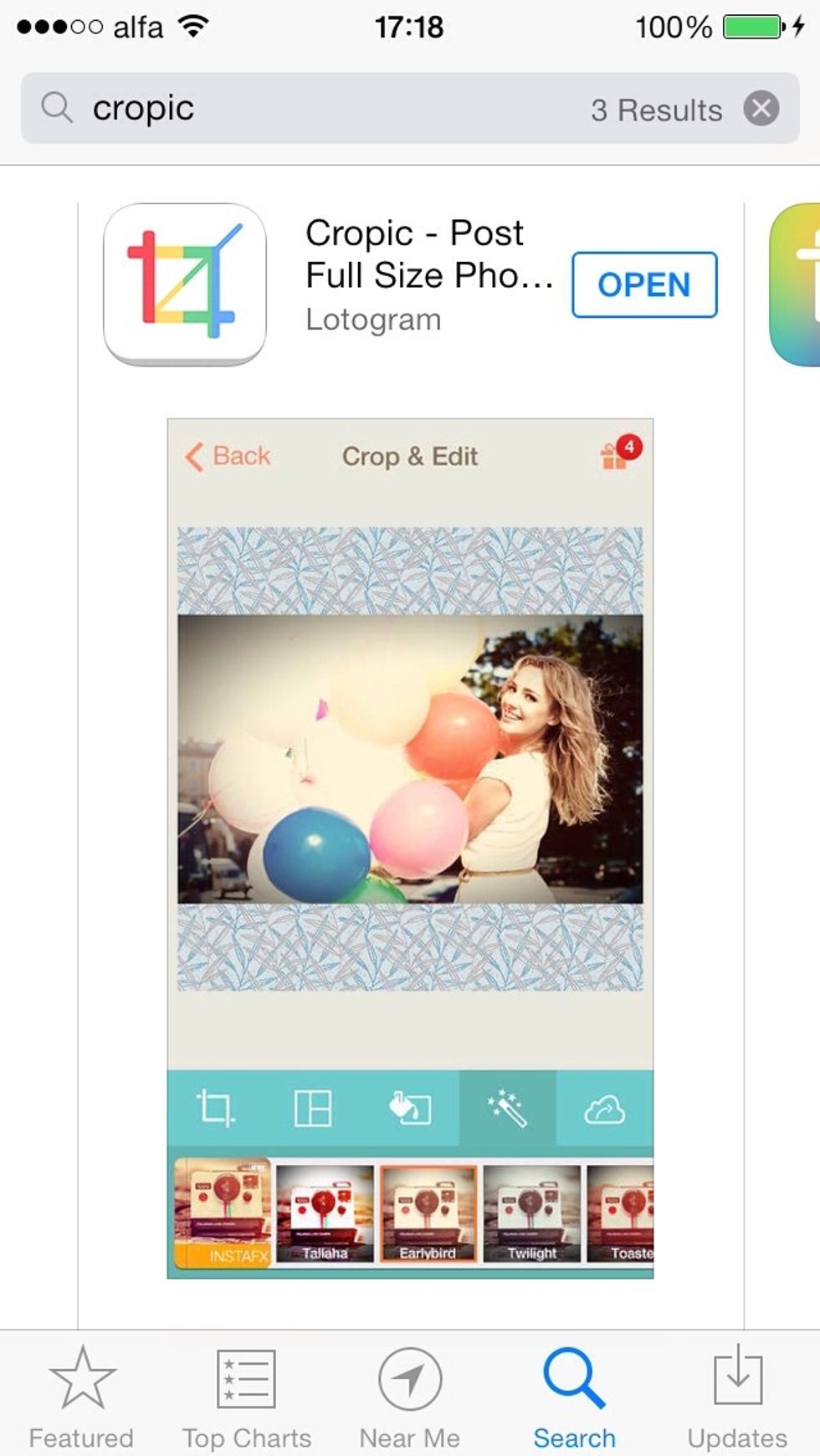 First step you should to download cropic app for apple Devices Here is a link : https://itunes.apple.com/lb/app/cropic-post-full-size-photos/id662802077?mt=8
