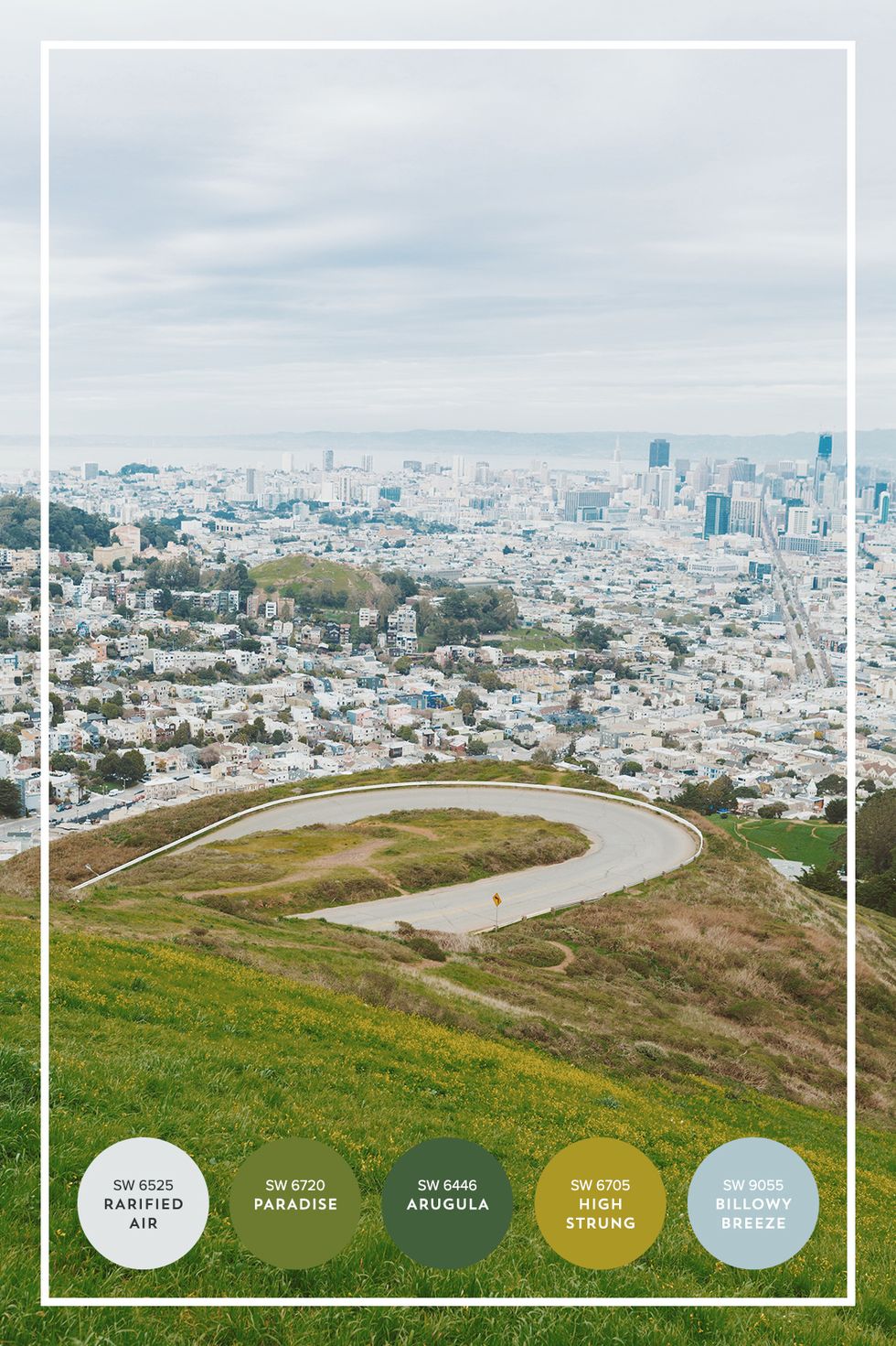 First stop: Twin Peaks offers sweeping views of SF, the Bay + even the East Bay across the water. The fog keeps the hills a vibrant green, and we ain\u2019t mad about it.