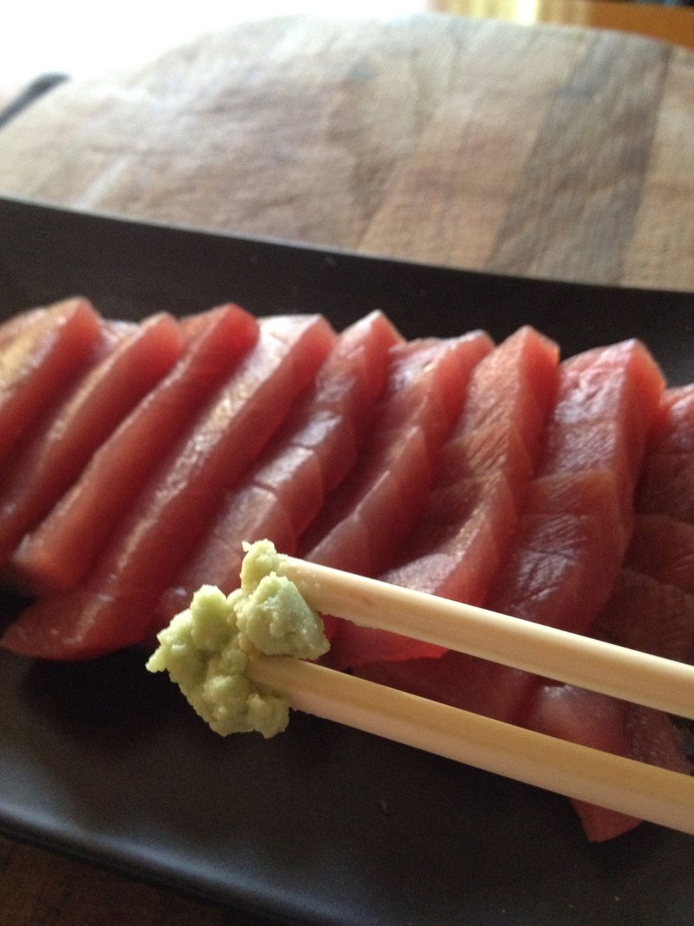 First take a little wasabi (wasabi is Japanese horseradish and it is very HOT!) if you have never had this before start small