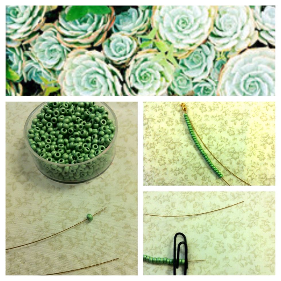 First take one of the two wire-ends and fill it up with your beads. When you're done, secure the end with a paper clip and continue with the second wire. Leave about 2cm of wire at the end.