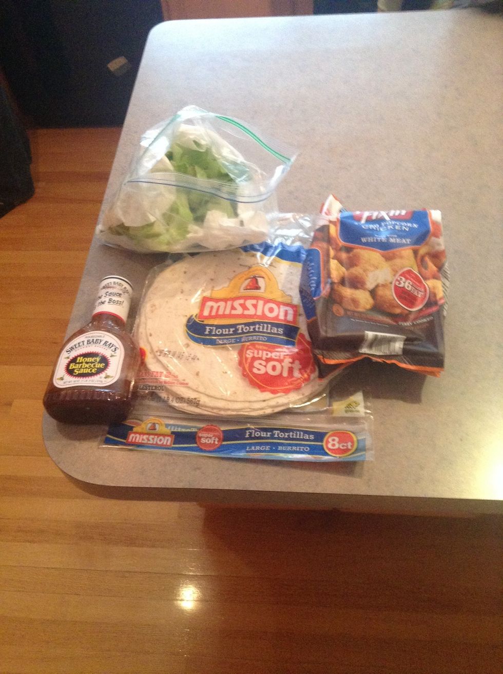 First take out your ingredients  Tortilla, chicken, BBQ sauce, and lettuce
