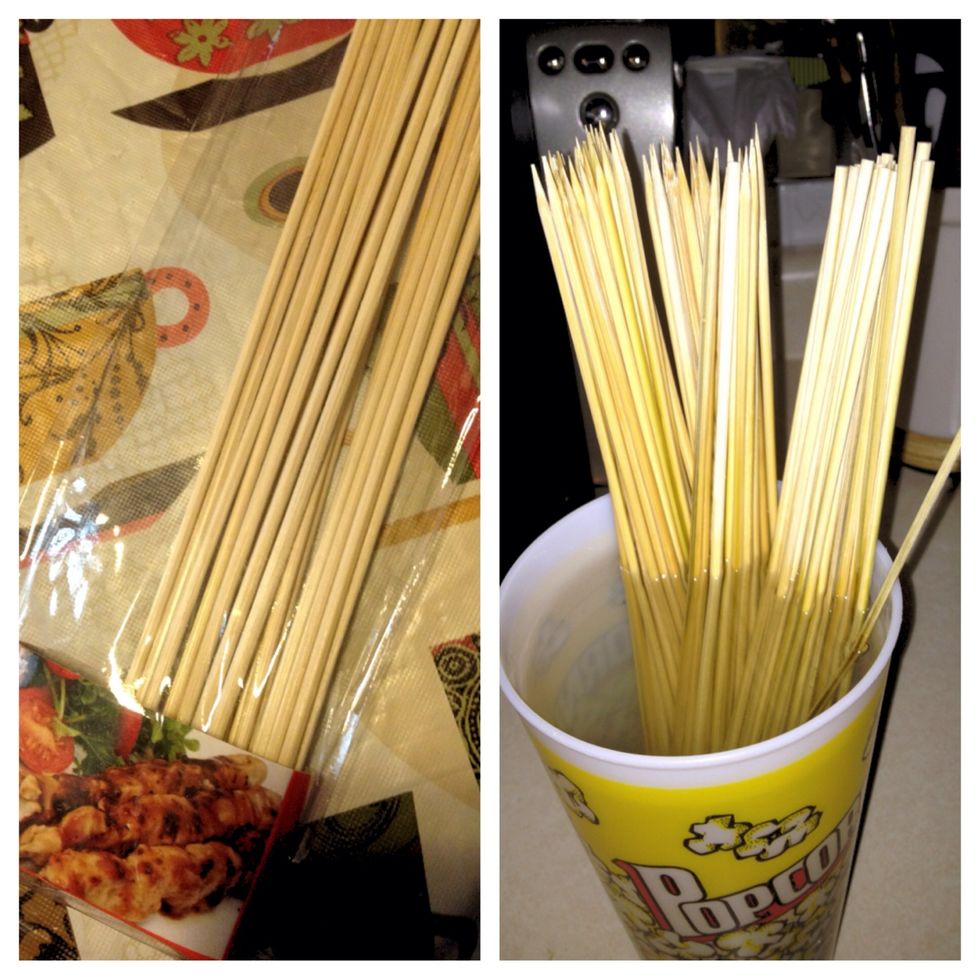 First take wooden sticks out of package and submerge them in water for about 15 minutes. Take out and flip them over to wet the other side for about 15 minutes as well.