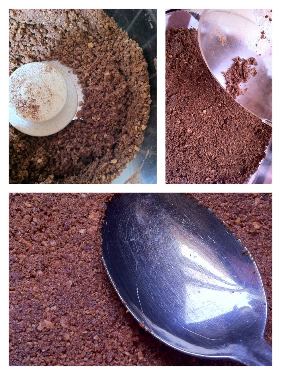 First- the bottom: mix together the biscuits, the suger, the cocoa powder and the melted-butter into crumbs. Use a spoon to tightly layer it down the baking pan.