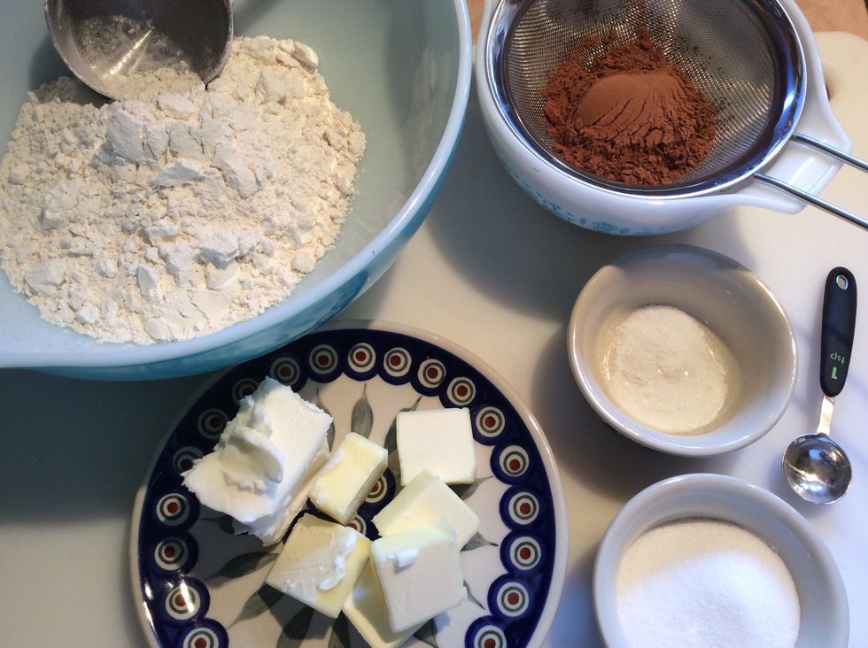 First, the gathered ingredients for the pie crust. Missing from this picture is; the cold coffee and the 1/2 cup of chocolate chips that will be added to the baked pie crust.