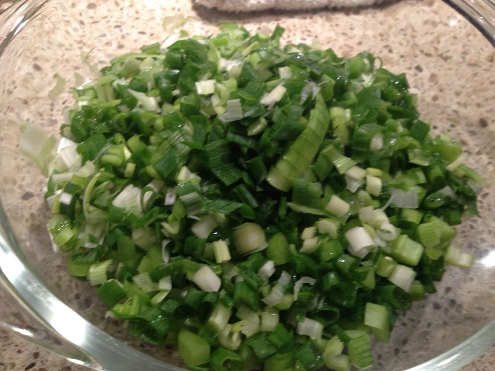 First things first: finely dice the green onions and celery and, if you have some on hand, I added about a 1/2 C chopped green bell pepper.