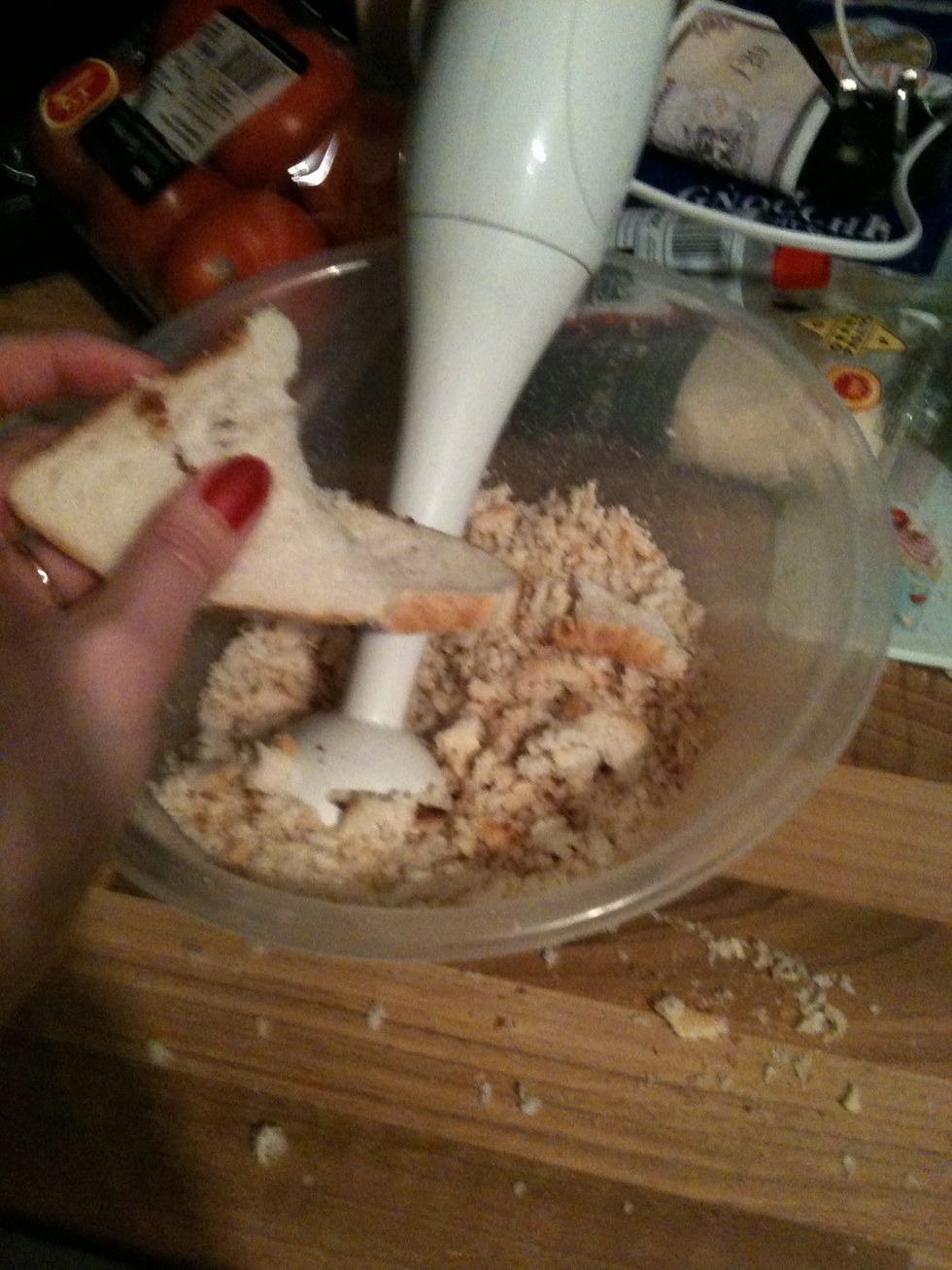 First to make bread crumbs (if u ddnt buy some) dry bread by leaving a couple of slices out for a couple of hours or putting it in the oven on low til it's dry. Rip into chunks and use a hand blender