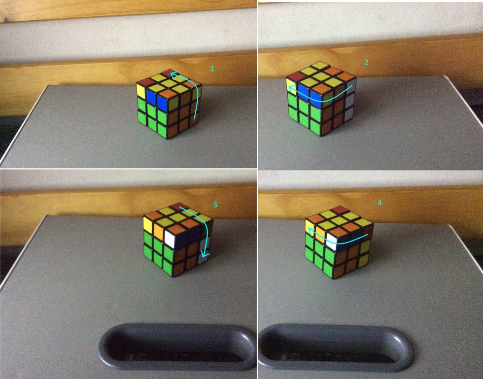 First, turn the right side up, then the top to the left, the right side back down, and the top to the left again.