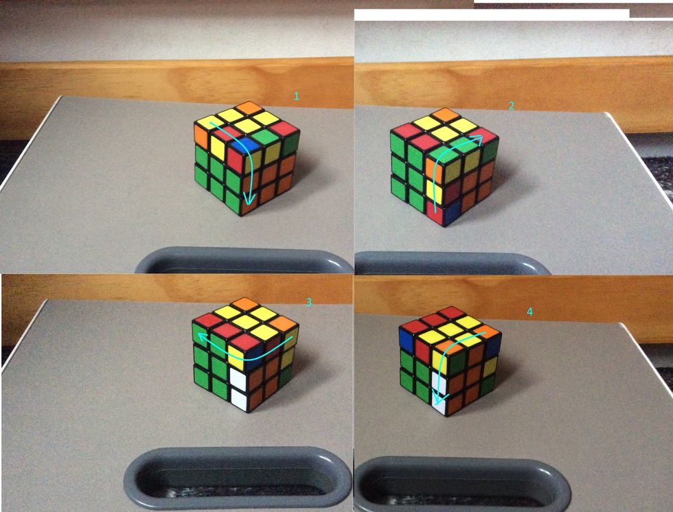 First, turn the side down, then the front side up, the top to the left, and the front back down.