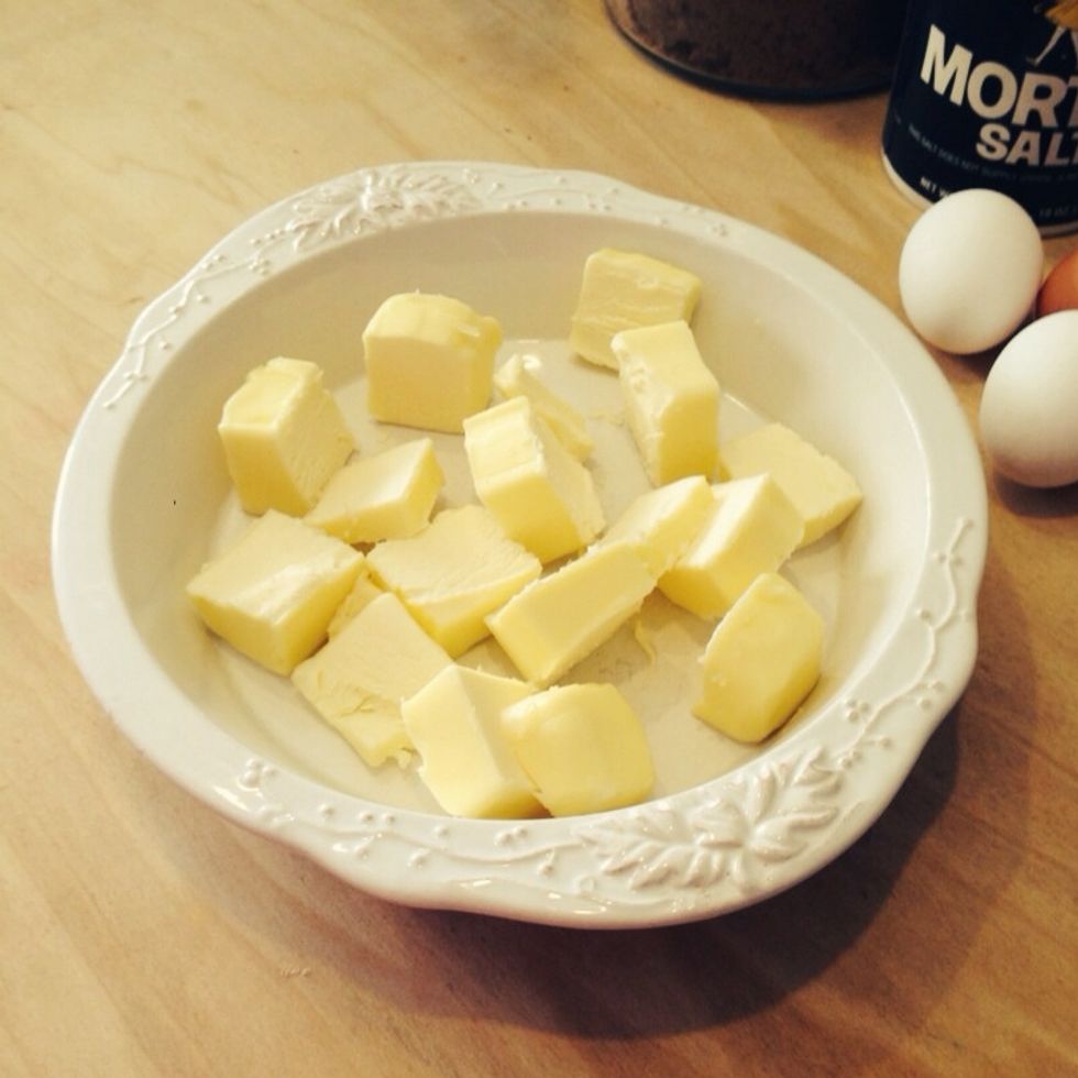 First up is butter, 1 cup.  For easier melting I cut it up and place in a shallow dish then microwave.