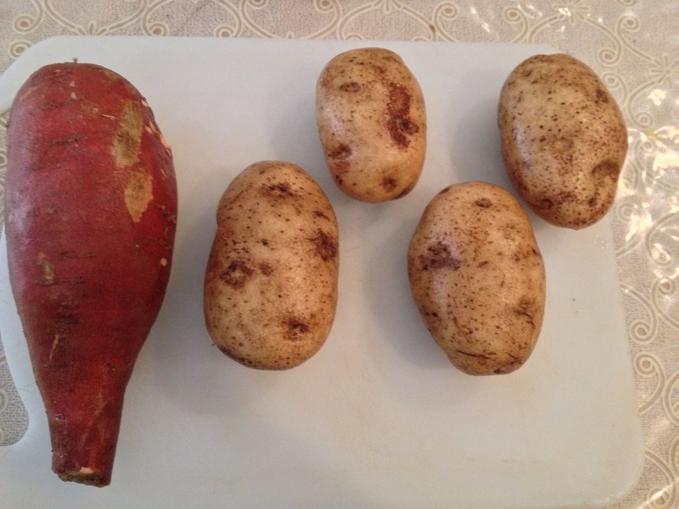 First, wash and dice your yams & potatoes. I ended up only dicing two potatoes and half of the yam..