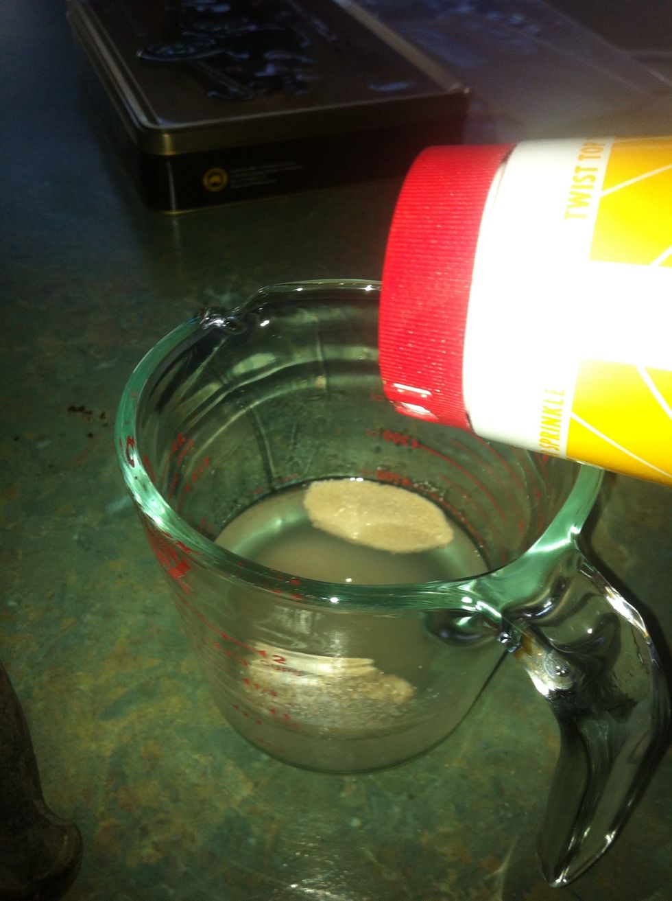 First we make the dough! 3/4 cup warm Water, 7g of dried yeast, sugar and salt. Mix and set aside till bubbly!