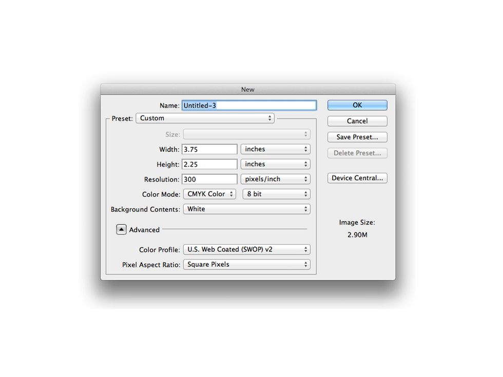 First we must set up our photoshop file. Here you can see I have a 3.75 by 2.25 inches photoshop file. This will include a trim line also. We will also be setting resolution to 300 PPI.