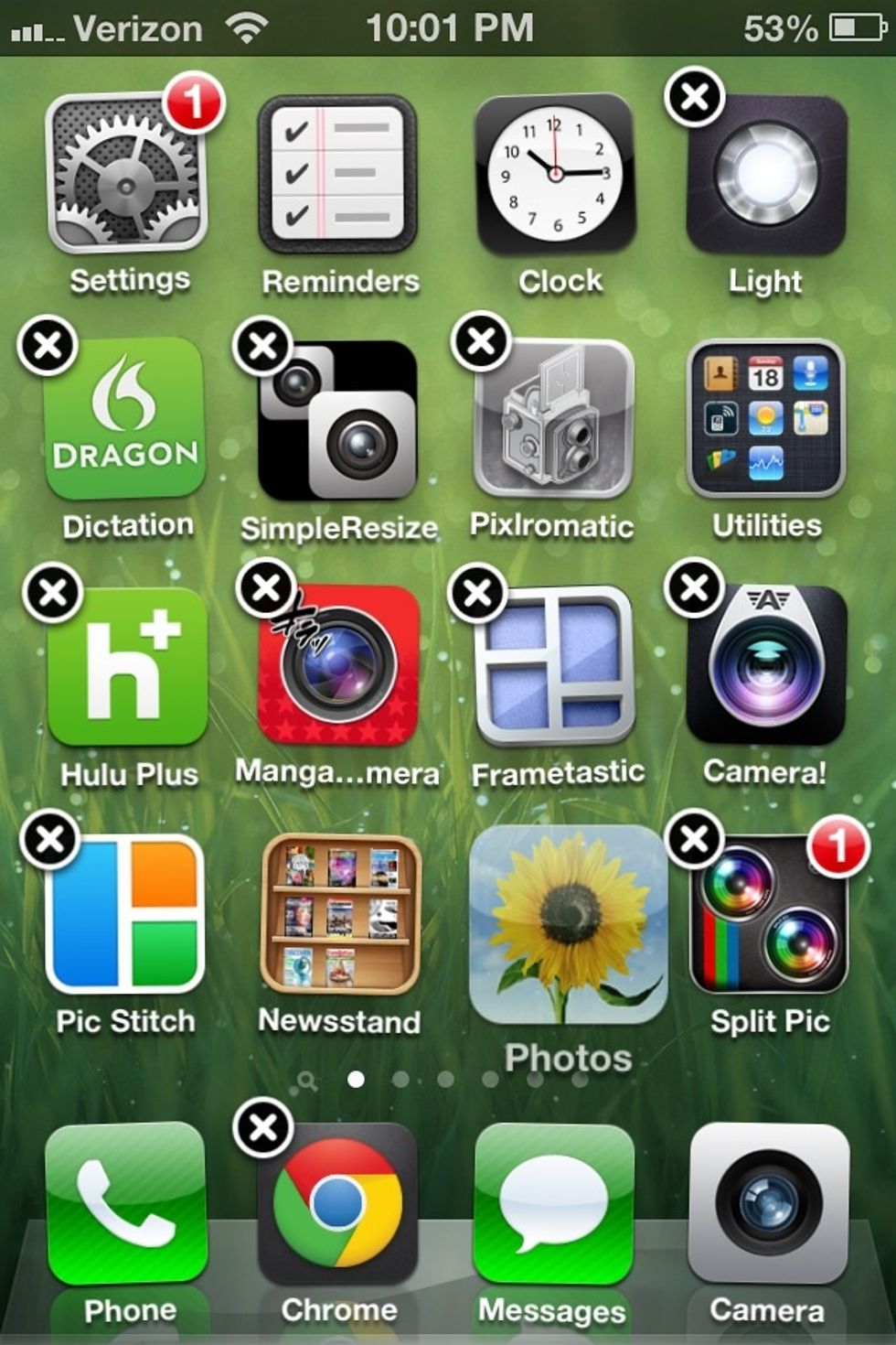 First, we will create a category. I use a lot of photo apps, so the first category I will create will be for Photography.  Tap and hold an app until they all start dancing around and display an X.