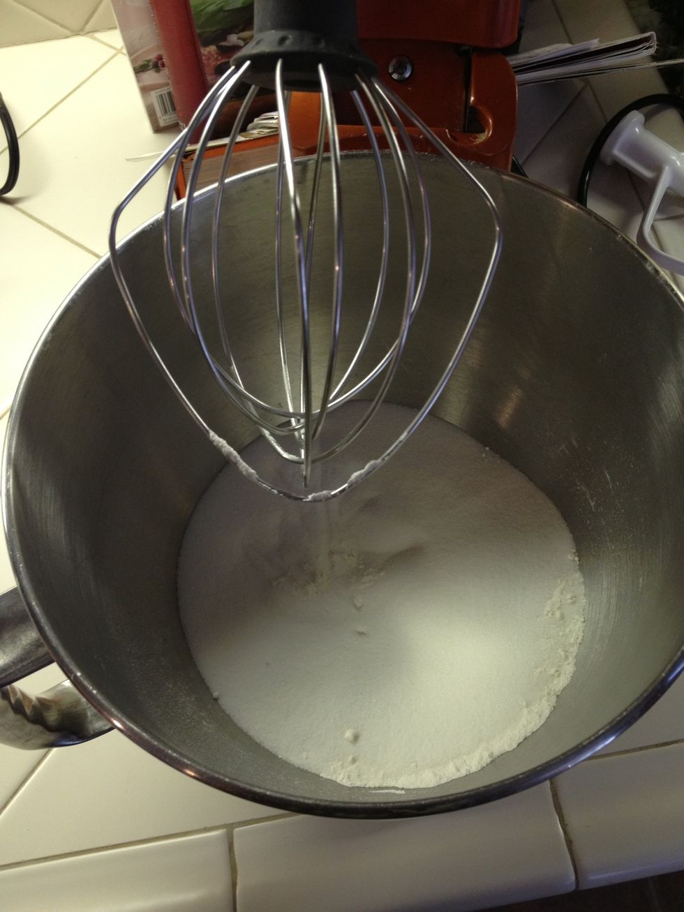 First you add all the dry ingredients and mix them together until the are evenly dispersed throughout.