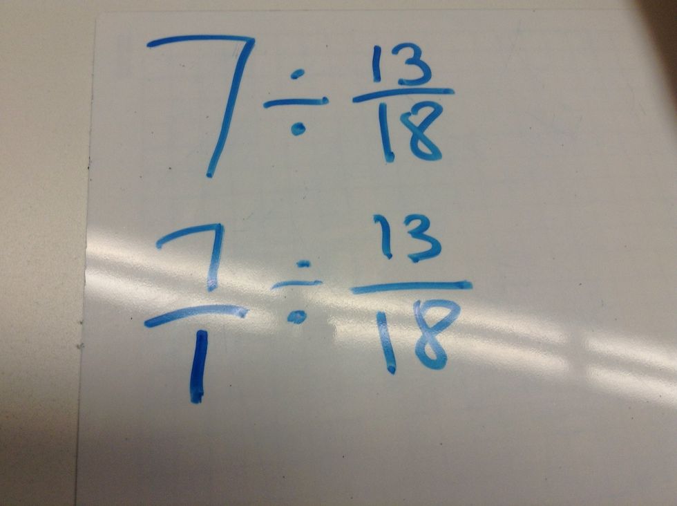 First, you are going make the whole number a fraction. By doing 7 over 1. Drop down the other fraction.