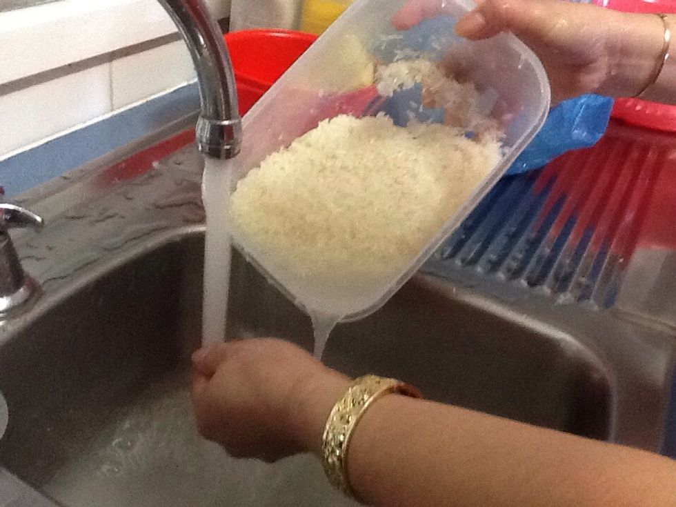 First you get some rice and put water in it and mix it about 1 minute