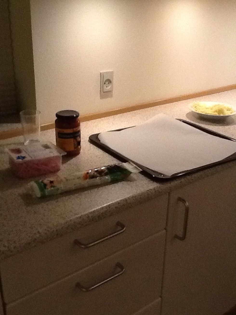 First you have to find YOUR ingredients. I use pizza sauce, cheese, and ham. You Can always use more.