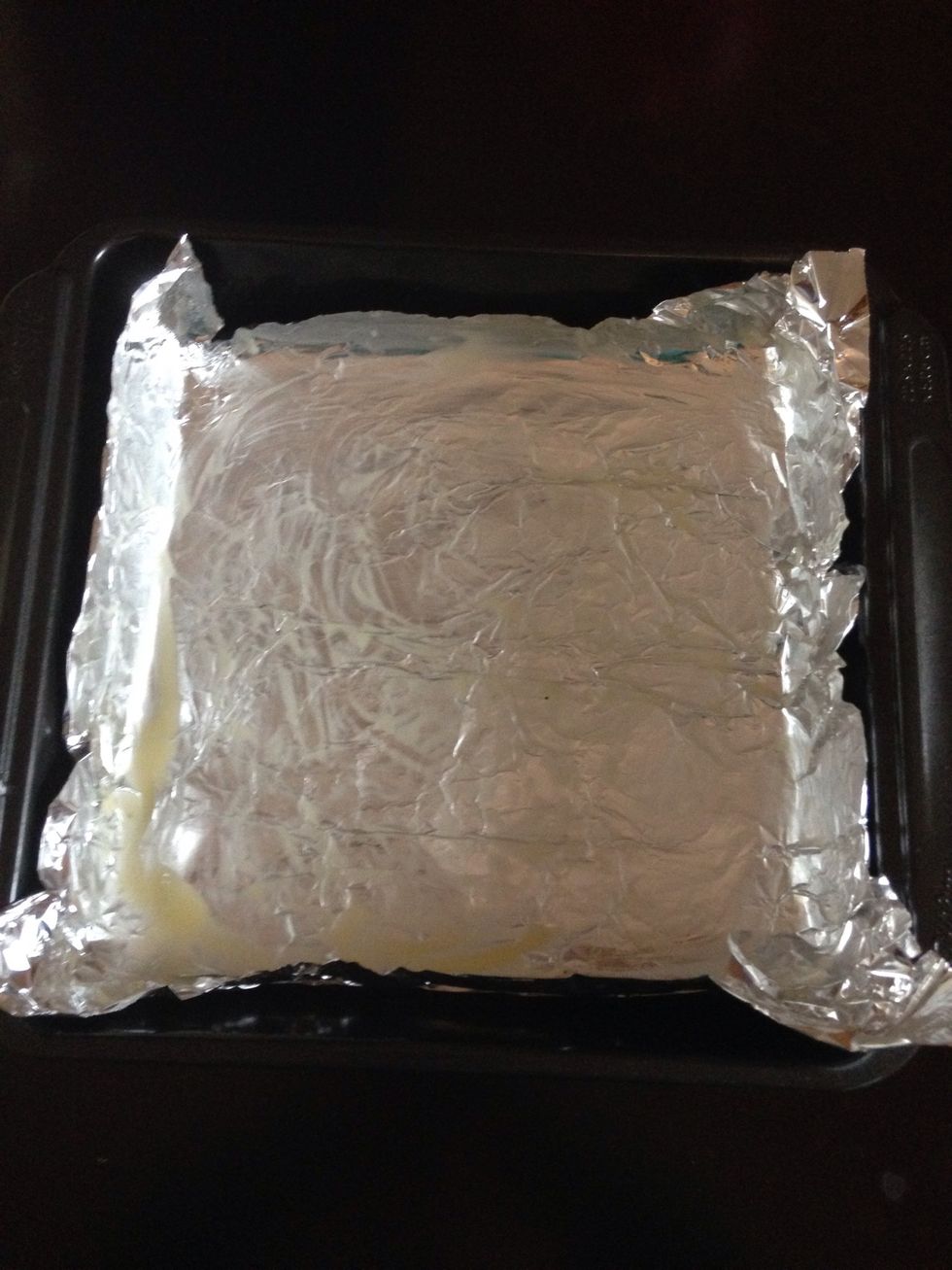 First you'll need is a pan then you put on the tinfoil or aluminum foil then you spread malted butter onto the aluminum foil or tinfoil for the caramel to be on.