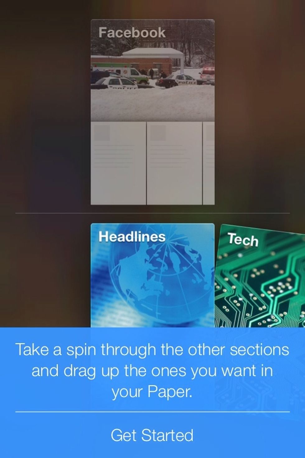 First you'll want to drag up any topics that interest you. Facebook will be there automatically.