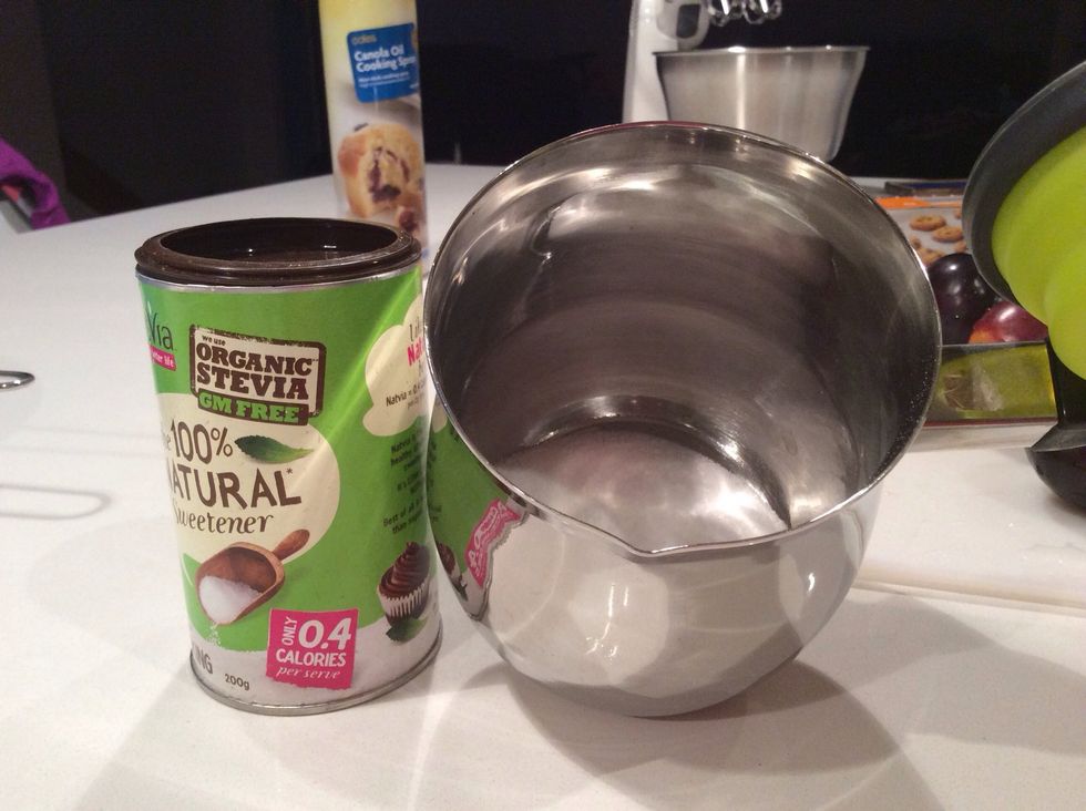 First you make the carmel. Start by putting half a cup of stevia in the saucepan.