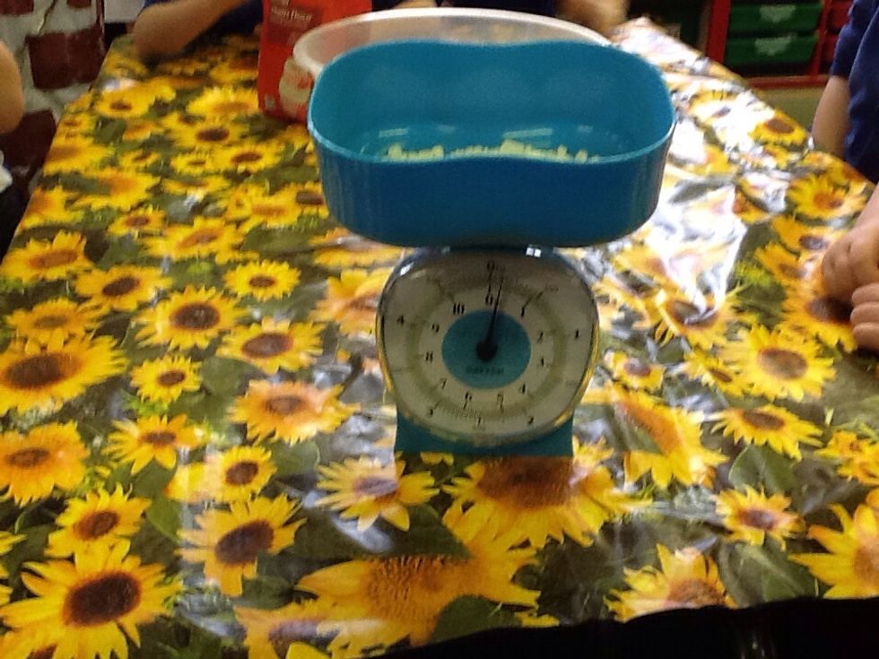 First you measure the flour in the measuring scales.