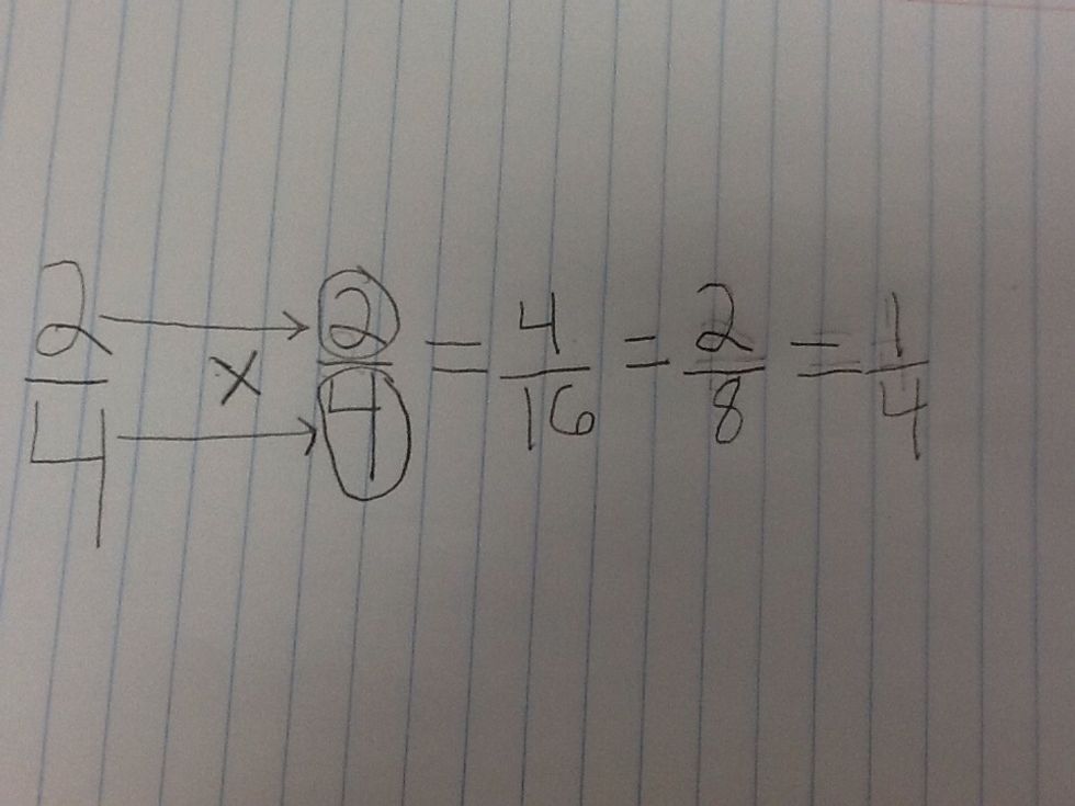First you multiply the numerators (2 * 2 = 4) so that means 4 is your denominator. Then you multiply the denominators (4 * 4 =16). Then you find your greatest common factor, which is 4.