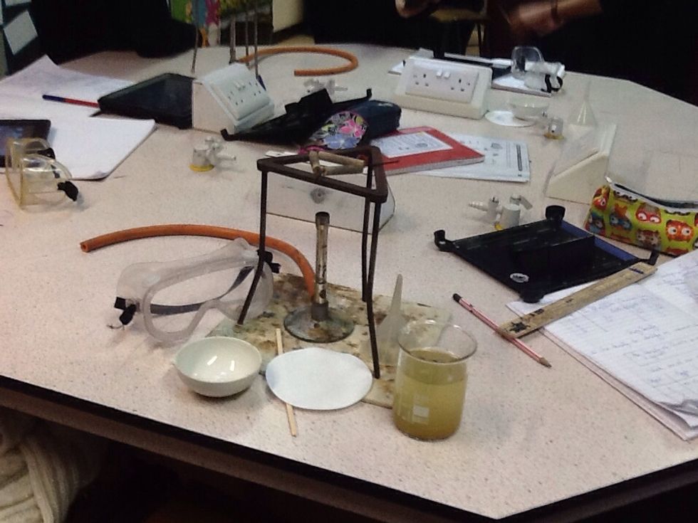 First you need a Bunsen burner, goggles, tripod, bowl, filter, heat proof mate, funnel, splint.