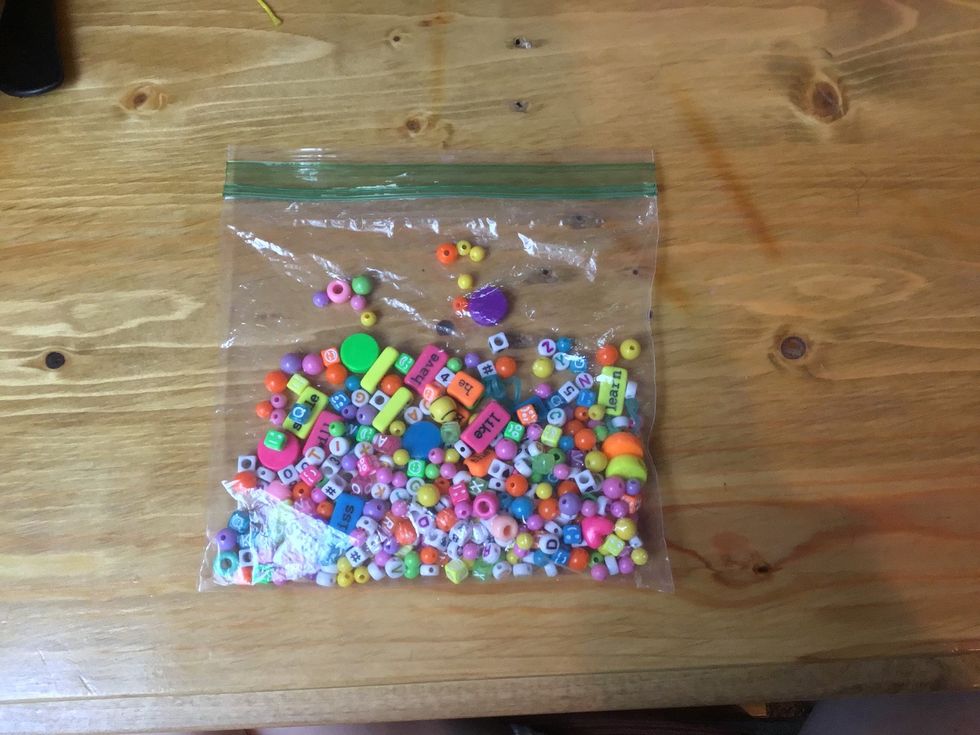 first you pick out what beads you would like to use for your bracelet. You can use words or just beads