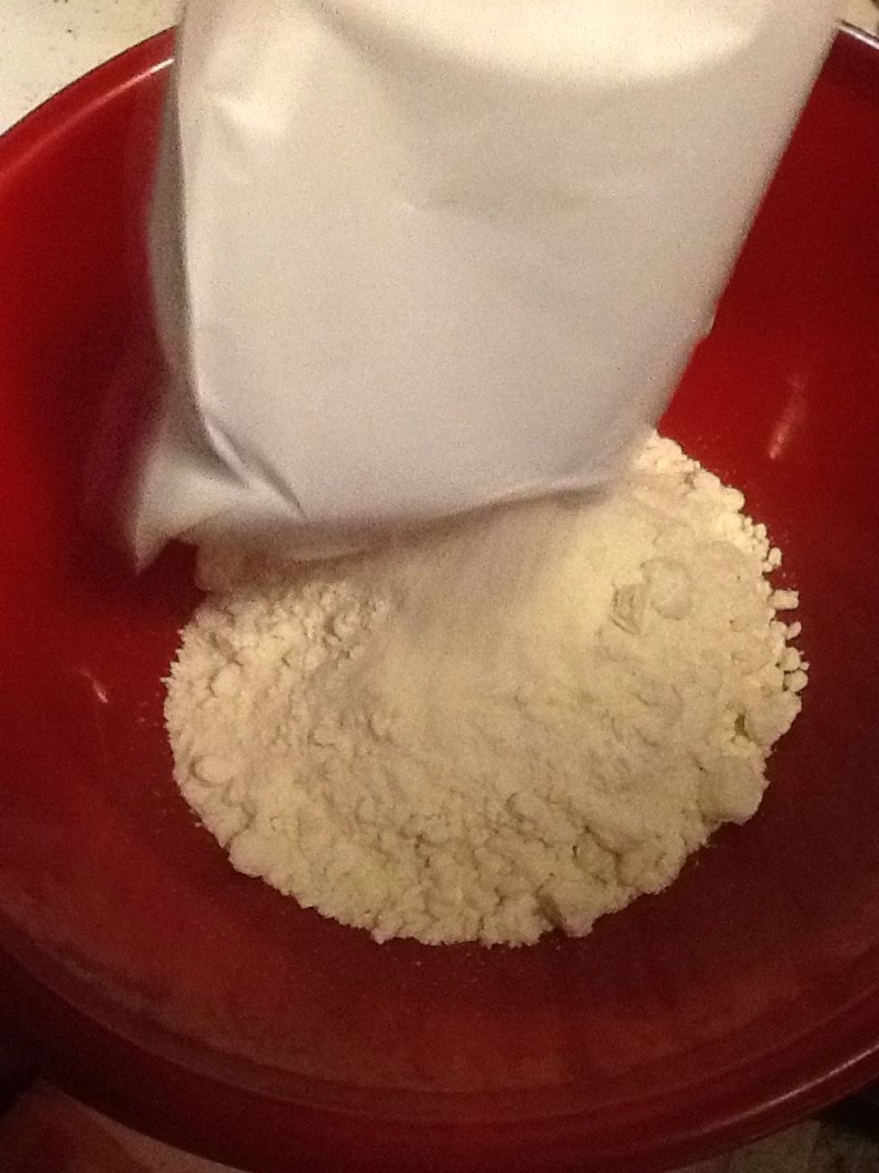 First you put the flour in a mixing bowl