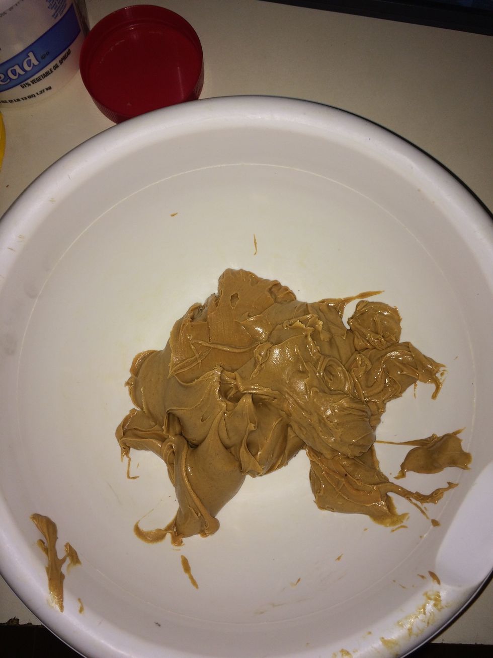First; you start by putting peanut butter in your bowl