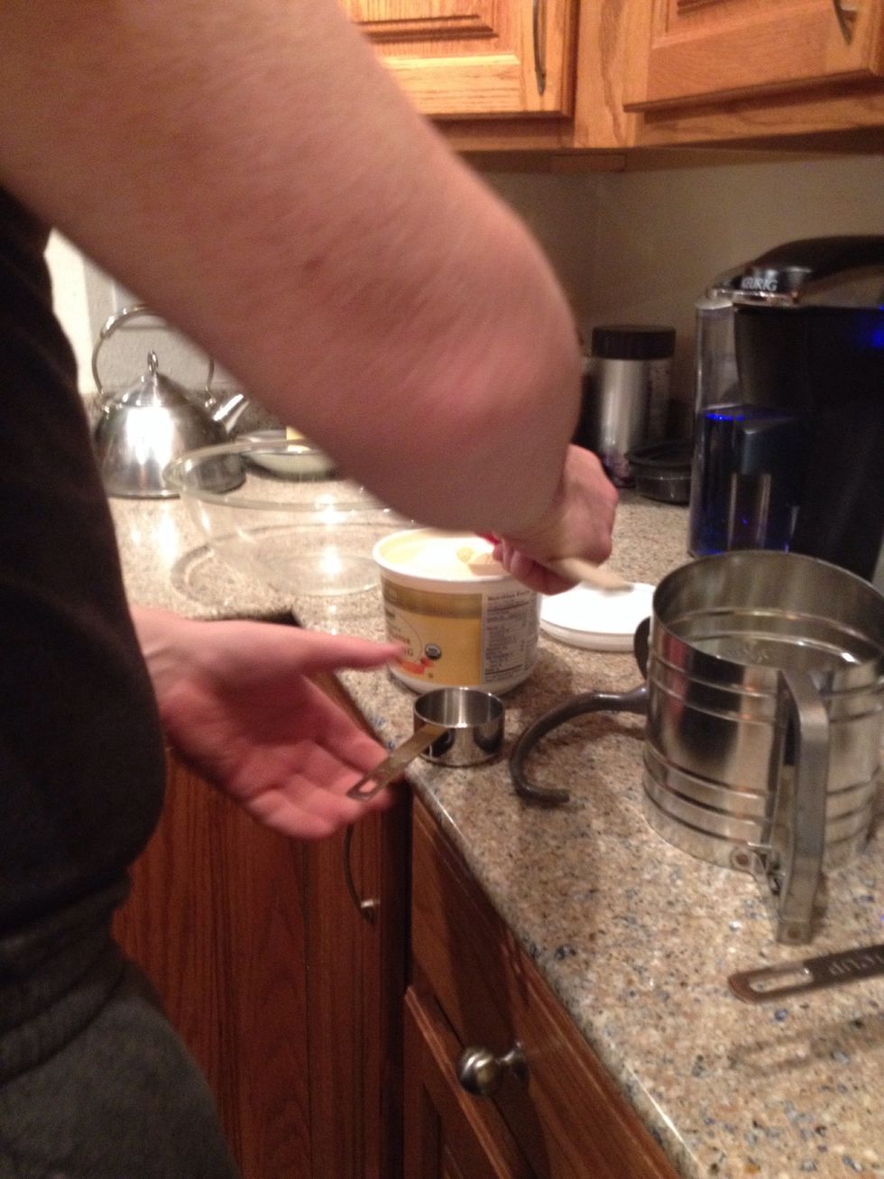 First you want to get your 1/3 cup of shortening into the mixer bowl.