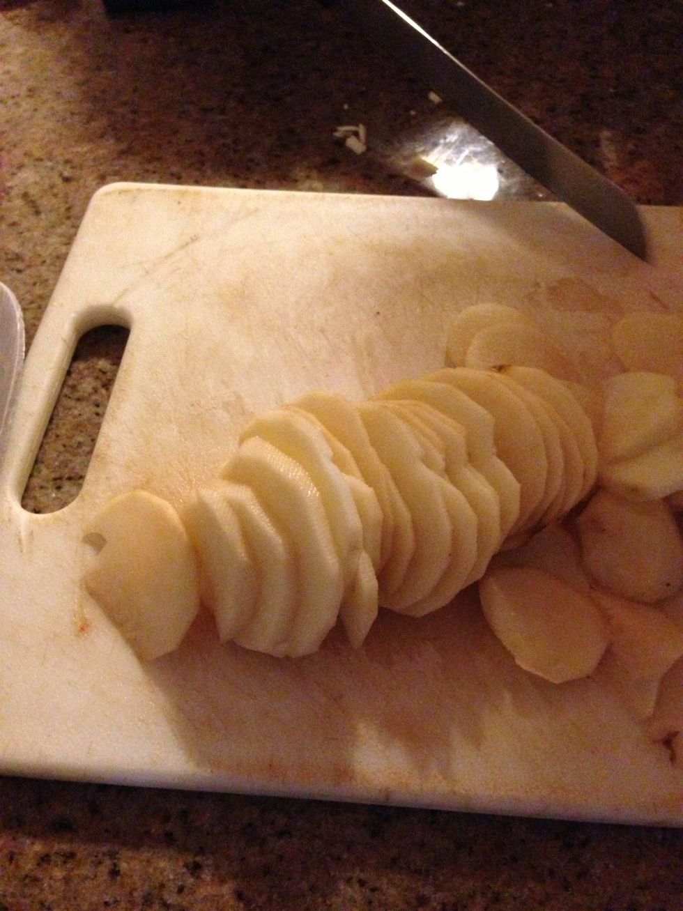 First your going to peel and cut the potatoes into circles make them as thin as possible I used about three potatoes since I'm using a small pan