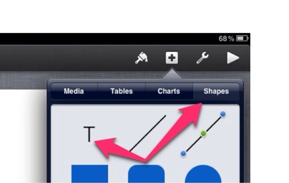 Firstly click shapes , and then the 'T' in the top left hand corner