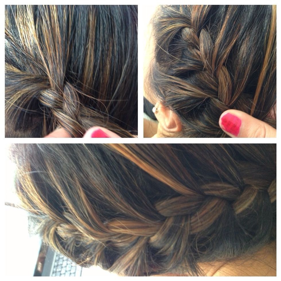 Firstly grab a section of hair from the side of your head, plait it then add hair from either side as you go - if having trouble there are many videos on YouTube!