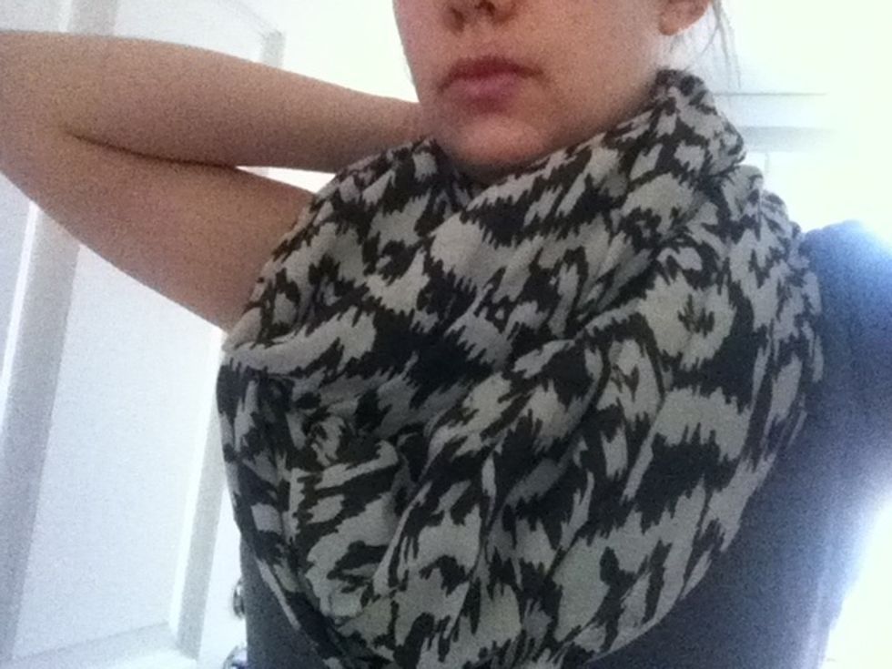 Fit the fabric around your neck (2 loops) and cut a piece out if it's too big and fluffy and/or long.
