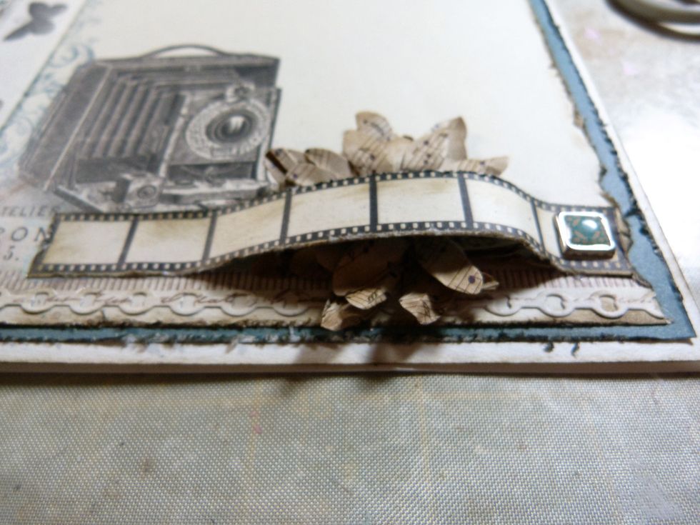 Fix a square brad to the right hand side of the filmstrip (inked edges) and glue on to card start from the right hand side with a loop so the brown flower can be glued into place underneath it. Glue.