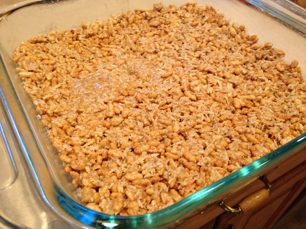 Flatten out onto a greased 8 x 8 pyrex pan. Then put in your freezer for 45 minutes to set.