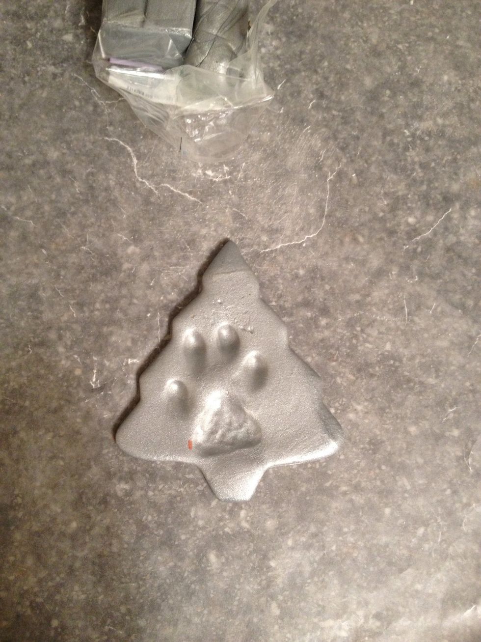 Flatten the clay out, and cut out your shape. Press your pet's paw against the clay. If the impression isn't deep enough, use a smooth tool to make a deeper print. I used the end of a kitchen knife.