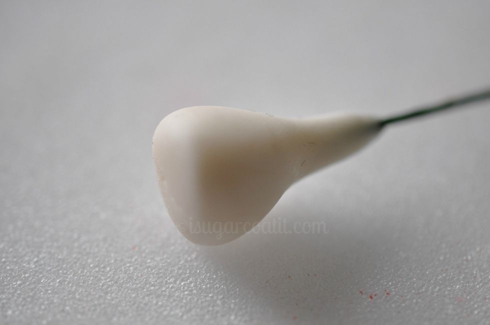 Flatten the top of the bud. Use the pliers to create a hook at one end of each of the cut wires. Dampen the hooked end with edible glue and inset into bulb. Secure base by pressing between fingers.