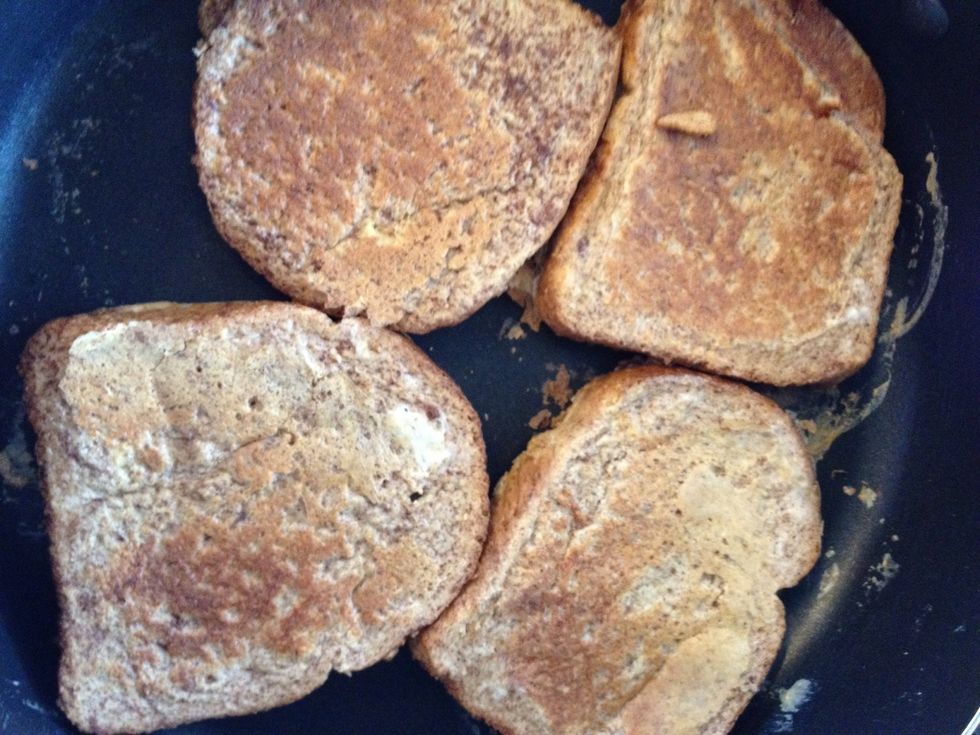Flip after a few minutes. Both sides should be golden brown when done. I keep the skillet covered to ensure that eggs are thoroughly cooked.