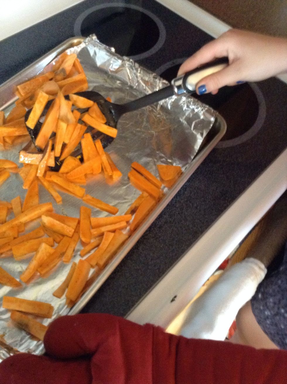 Flip all the fries over, halfway through baking
