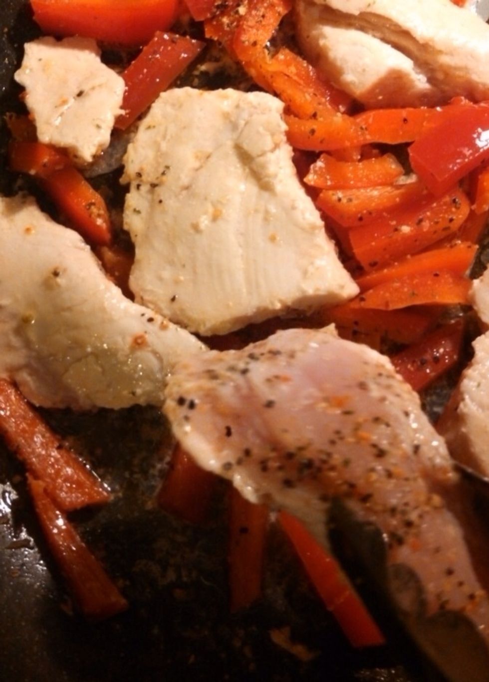 flip and rotate chicken and peppers