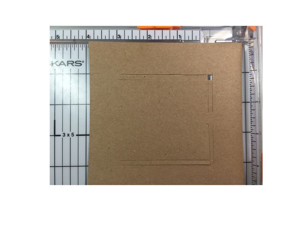 Flip card so the cut is on the 5" side, line up on the 4" mark & cut from the 1" to the 2 1/4" & then 2 3/4" - 4". Move card over to 3 7/8" & repeat previous cuts. Flip the card over & repeat.