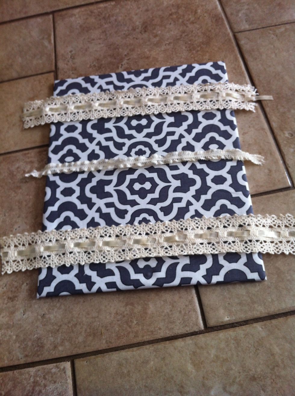 Flip it over and cut lace ribbon a little bit longer than the width of the backboard