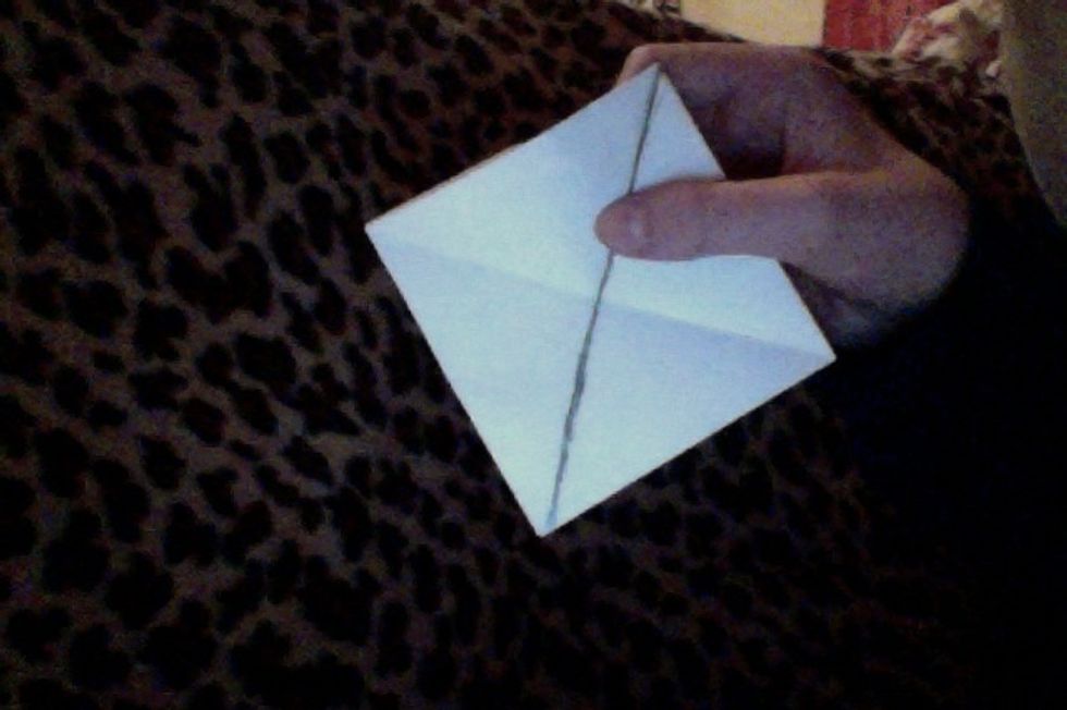 Flip it over (I drew the line previously, to represent the center crease). With your center crease going vertically. grab the top corner, and fold downwards to meet the bottom corner.