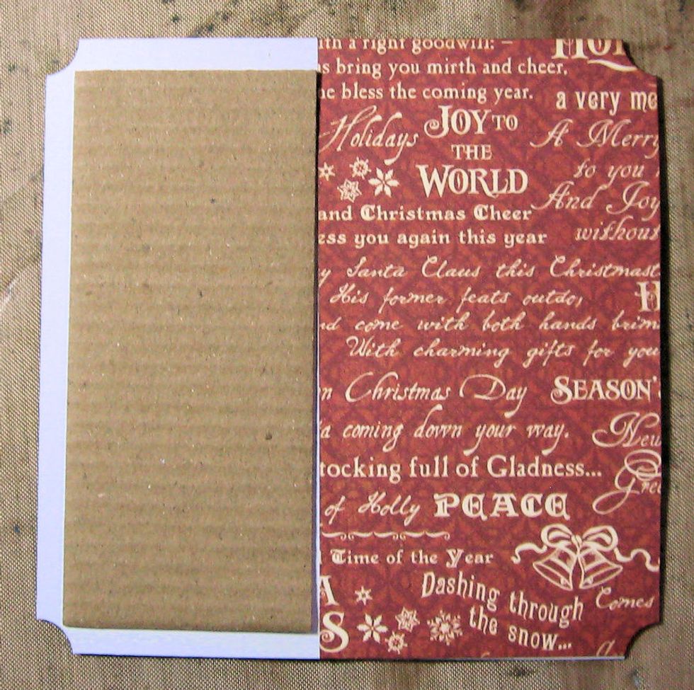 Flip the square over and add waste chipboard to the left hand side. Cut Kris Kringle paper to cover the right. This will be the medallion for our gate fold front.