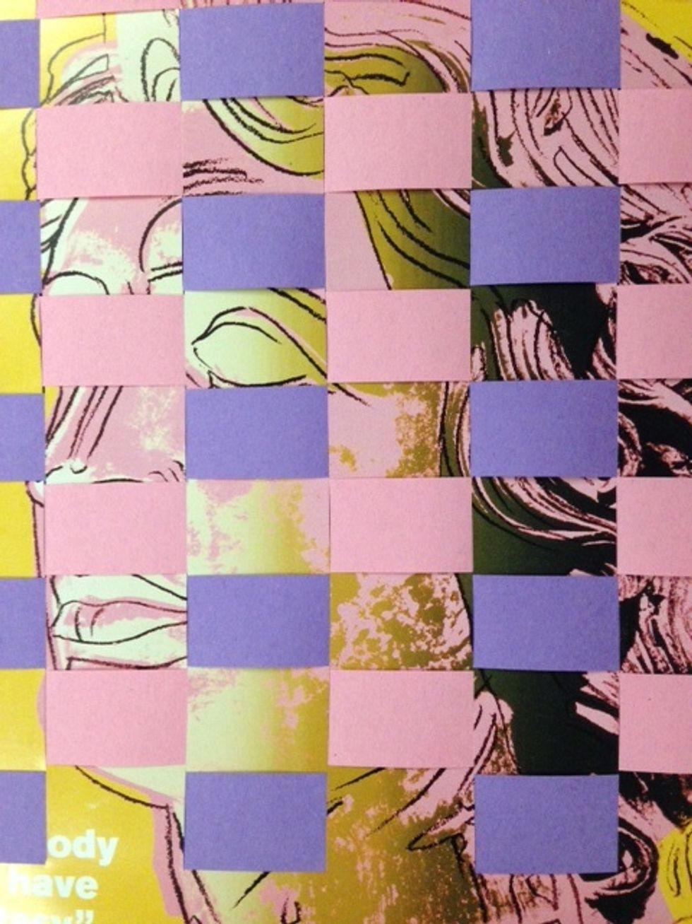 Flip the weaving over for the beautiful surprise! (Teacher may laminate the projects to give a glossy look and secure the strips. Students may also use the glue stick to glue down any loose pieces.)