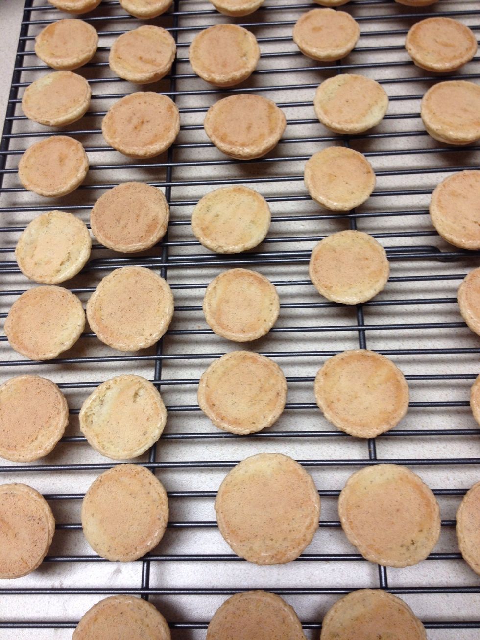 Flip them over and start piping icing onto a cookie and then matching it with another cookie to form the sandwich