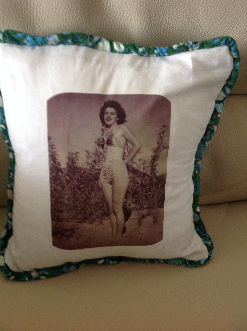 Flip to outside. Insert pillow and fluff.  My fit is a bit snug but pillows usually flatten over time. You might prefer to cut your squares one inch more than pillow size to get a more relaxed fit.